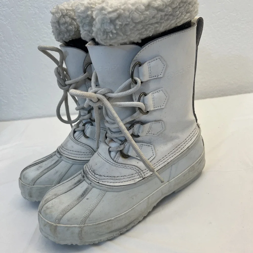 Polaris Winter Snow Boots Womens Sz 6 White‎ Steel Shank Mid Calf Lace Up Lined
